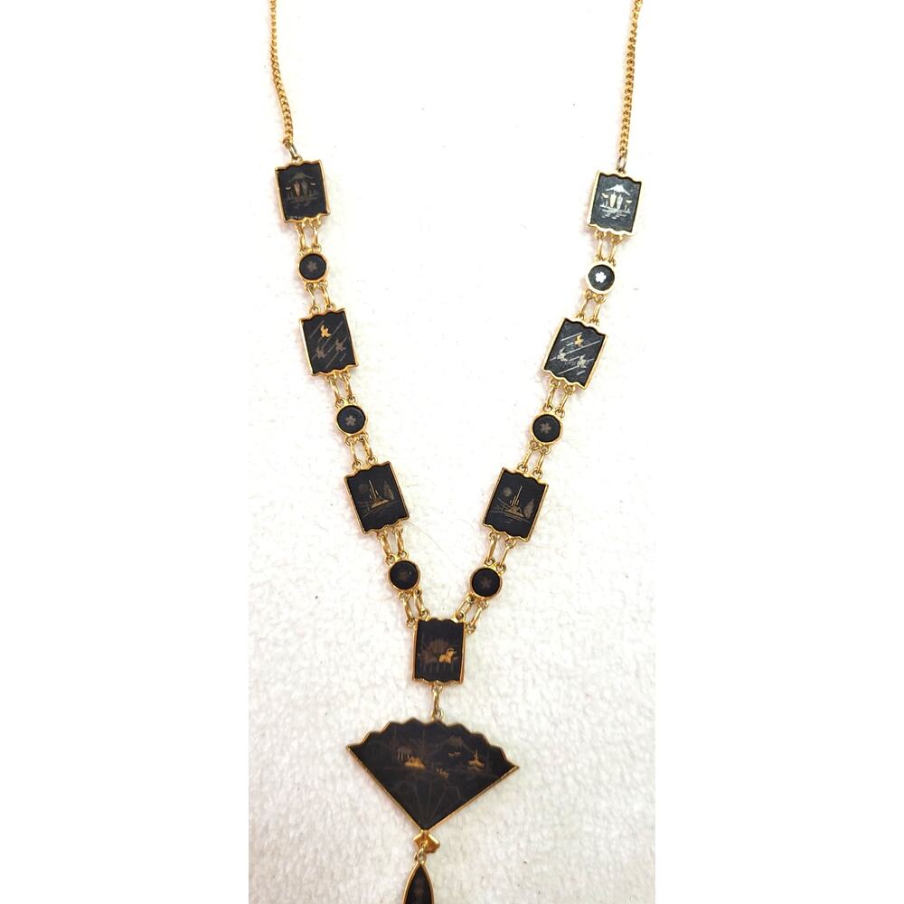 Vintage Damascene Folding Fan Necklace Gold Tone Black Amita Style Shakudo - Picture 7 of 9